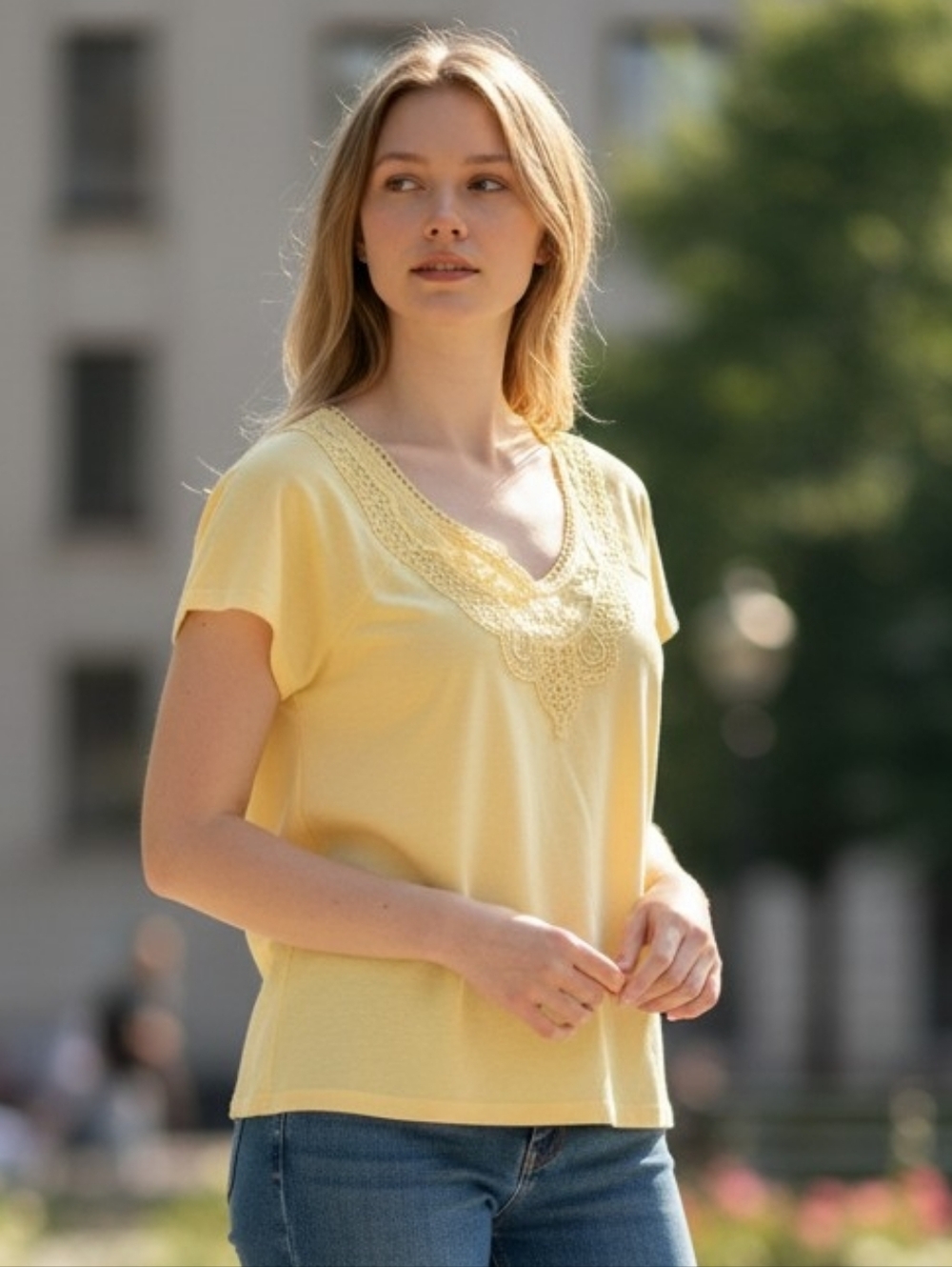 Lauren Ralph Lauren Pale Yellow Lace-Trim Short Sleeve Tee